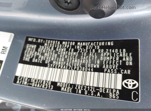 5YFEPRAE7LP038044 2020 TOYOTA COROLLA Gray Widok komory silnika