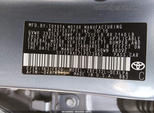 5YFEPRAE7LP073862 2020 TOYOTA COROLLA Gray Շարժիչի բաժամունքի տեսք