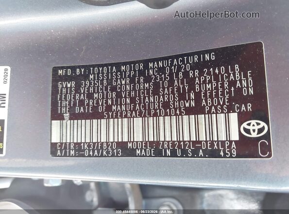 5YFEPRAE7LP101045 2020 TOYOTA COROLLA Серый Вид подкапотного пространства
