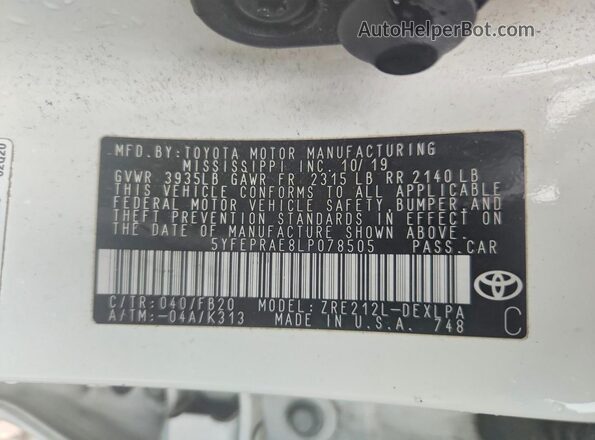 5YFEPRAE8LP078505 2020 TOYOTA COROLLA White 