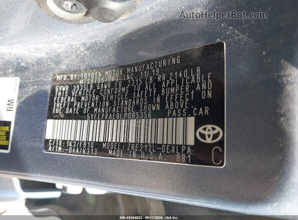 5YFEPRAE8LP085356 2020 TOYOTA COROLLA Blue ძრავის განყოფილების ხედი