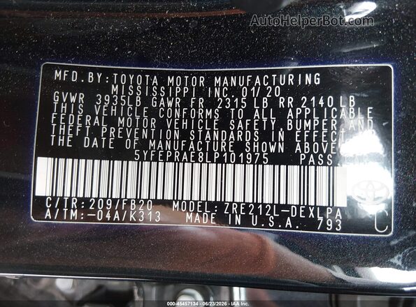 5YFEPRAE8LP101975 2020 TOYOTA COROLLA Black Вид підкапотного простору