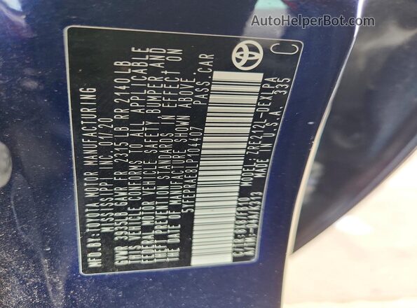 5YFEPRAE8LP104407 2020 TOYOTA COROLLA Синий 
