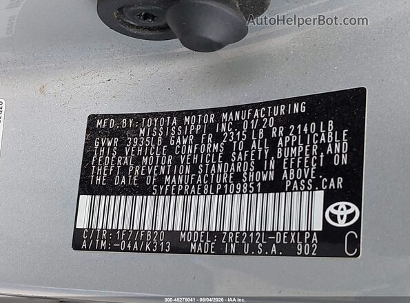 5YFEPRAE8LP109851 2020 TOYOTA COROLLA Silver Engine compartment view