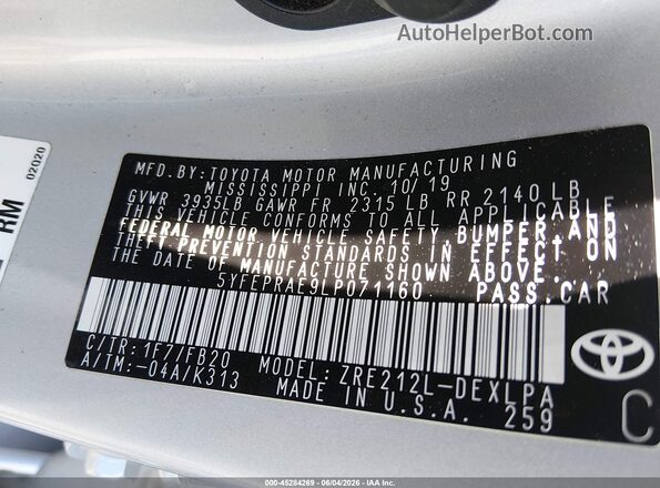 5YFEPRAE9LP071160 2020 TOYOTA COROLLA Silver Շարժիչի բաժամունքի տեսք