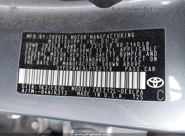 5YFEPRAE9LP102178 2020 TOYOTA COROLLA Light Blue Widok komory silnika