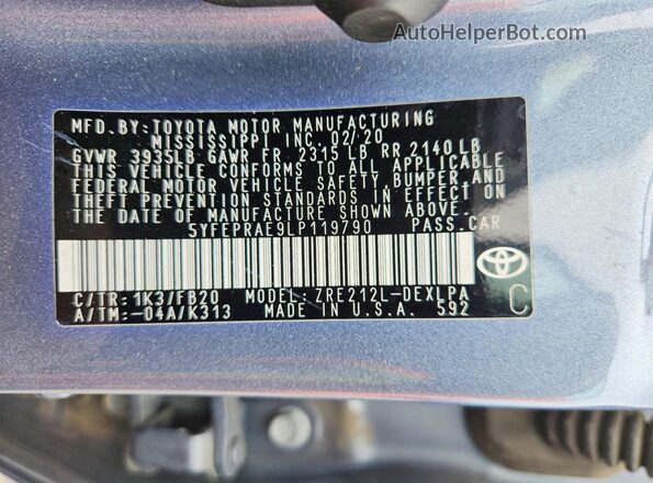 5YFEPRAE9LP119790 2020 TOYOTA COROLLA Blue ძრავის განყოფილების ხედი