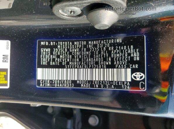5YFEPRAE9LP125816 2020 TOYOTA COROLLA Black Widok komory silnika