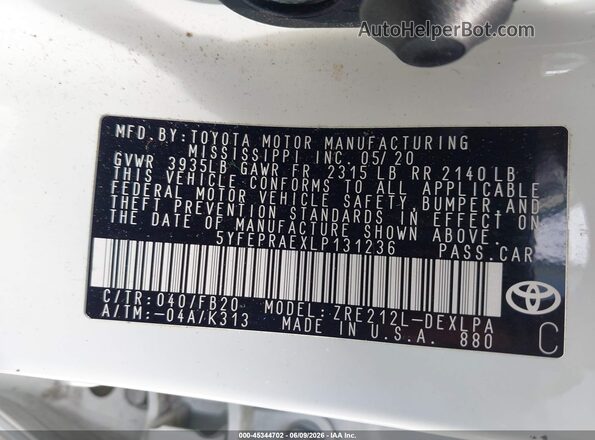 5YFEPRAEXLP131236 2020 TOYOTA COROLLA White ძრავის განყოფილების ხედი