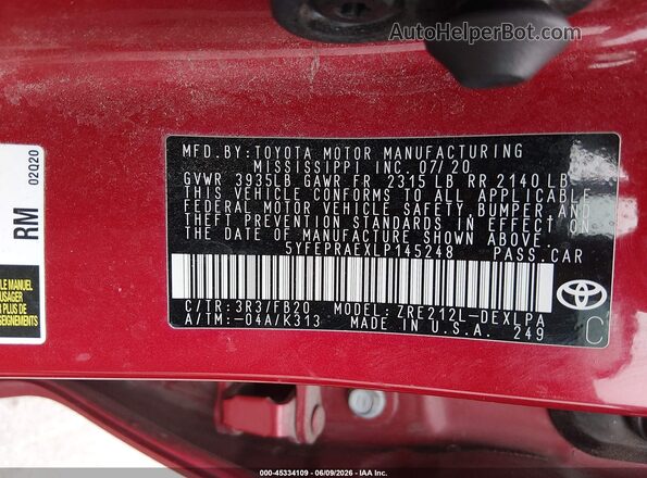5YFEPRAEXLP145248 2020 TOYOTA COROLLA Red ძრავის განყოფილების ხედი