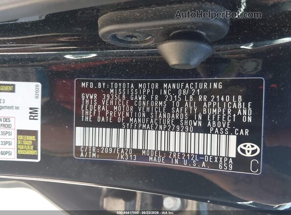 5YFFPMAE7NP279290 2022 TOYOTA COROLLA Black Շարժիչի բաժամունքի տեսք