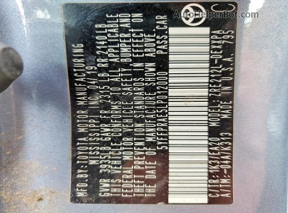 5YFFPRAE5LP012000 2020 TOYOTA COROLLA Gray VIN sticker view