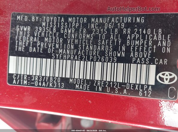 5YFHPRAE2LP026039 2020 TOYOTA COROLLA Red ძრავის განყოფილების ხედი