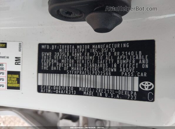 5YFHPRAE5LP022566 2020 TOYOTA COROLLA White Вид підкапотного простору