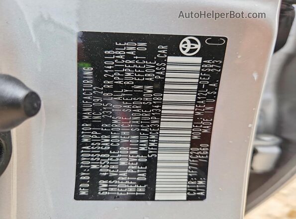 5YFM4MCE3NP134180 2022 TOYOTA COROLLA Silver VIN կոդի պիտակի տեսք