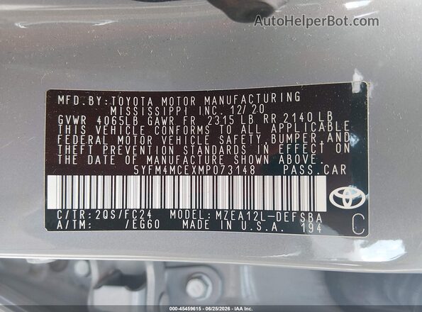 5YFM4MCEXMP073148 2021 TOYOTA COROLLA Gray ძრავის განყოფილების ხედი