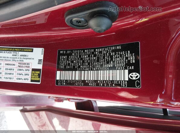 5YFP4MCE1NP120064 2022 TOYOTA COROLLA Maroon Engine compartment view
