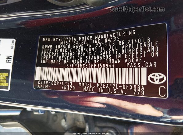 5YFP4MCE1PP150944 2023 TOYOTA COROLLA Blue Engine compartment view