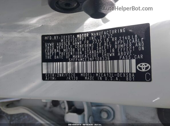 5YFP4MCE3NP108336 2022 TOYOTA COROLLA White Շարժիչի բաժամունքի տեսք