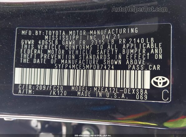 5YFP4MCE5MP087424 2021 TOYOTA COROLLA Black Вид підкапотного простору