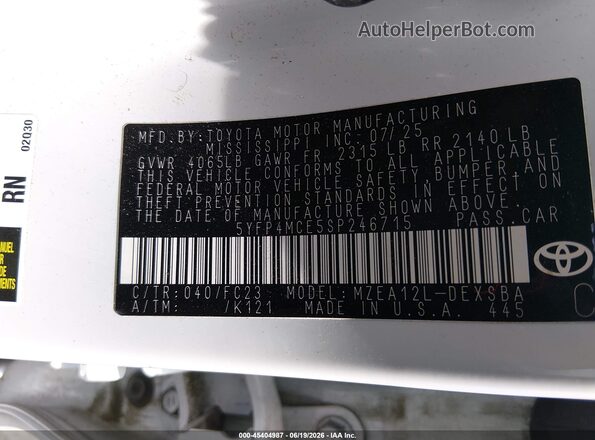 5YFP4MCE5SP246715 2025 TOYOTA COROLLA White Շարժիչի բաժամունքի տեսք