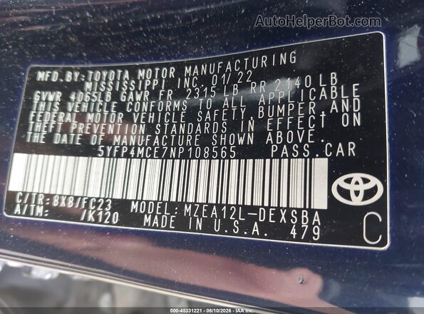 5YFP4MCE7NP108565 2022 TOYOTA COROLLA Синий Вид подкапотного пространства