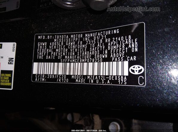 5YFP4MCE8MP078250 2021 TOYOTA COROLLA Black 