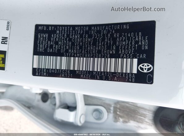 5YFP4MCE8RP208728 2024 TOYOTA COROLLA White Widok komory silnika