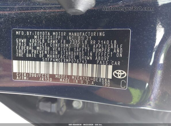 5YFP4MCEXMP076743 2021 TOYOTA COROLLA Blue Вид підкапотного простору
