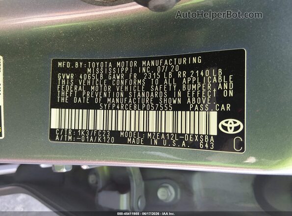 5YFP4RCE8LP057555 2020 TOYOTA COROLLA Gray Շարժիչի բաժամունքի տեսք
