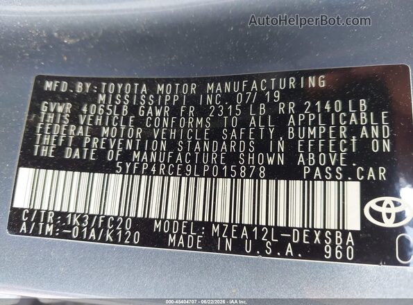 5YFP4RCE9LP015878 2020 TOYOTA COROLLA Gray Вид підкапотного простору