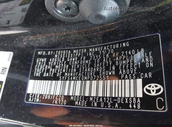 5YFS4MCE0MP072551 2021 TOYOTA COROLLA Black Engine compartment view
