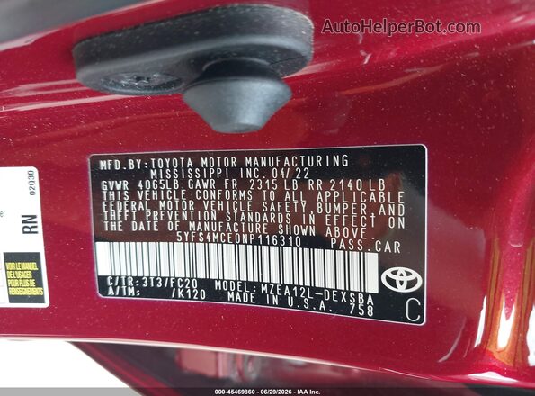 5YFS4MCE0NP116310 2022 TOYOTA COROLLA Red ძრავის განყოფილების ხედი