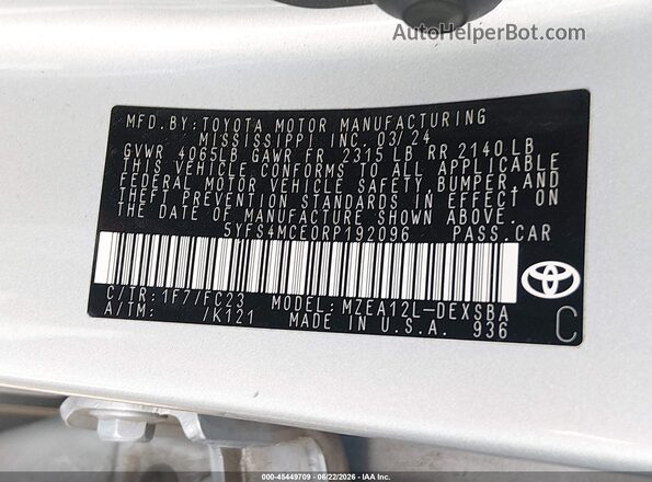 5YFS4MCE0RP192096 2024 TOYOTA COROLLA Silver ძრავის განყოფილების ხედი