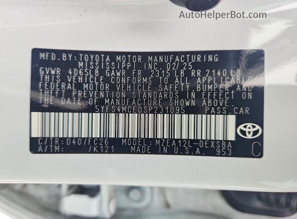 5YFS4MCE0SP231095 2025 TOYOTA COROLLA White Вид наклейки з VIN-кодом