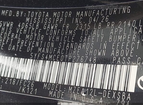 5YFS4MCE0TP276748 2026 TOYOTA COROLLA Black Շարժիչի բաժամունքի տեսք