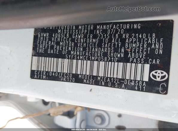 5YFS4MCE1MP058710 2021 TOYOTA COROLLA White Widok komory silnika