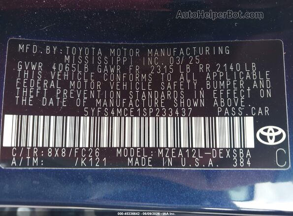 5YFS4MCE1SP233437 2025 TOYOTA COROLLA Blue Engine compartment view