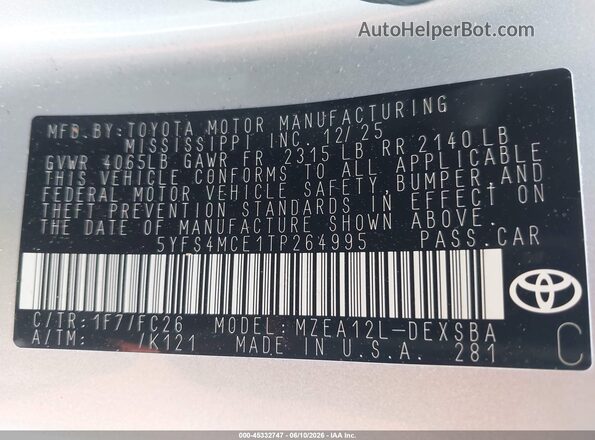 5YFS4MCE1TP264995 2026 TOYOTA COROLLA Silver Vista del compartimento del motor