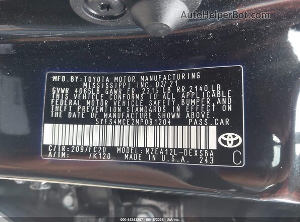 5YFS4MCE2MP081204 2021 TOYOTA COROLLA Black Widok komory silnika