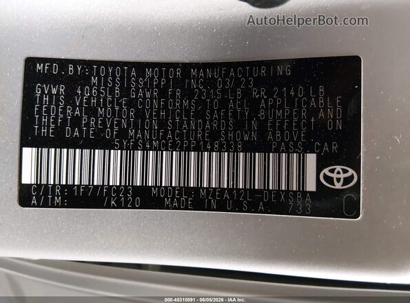 5YFS4MCE2PP148338 2023 TOYOTA COROLLA Silver Vista del compartimento del motor