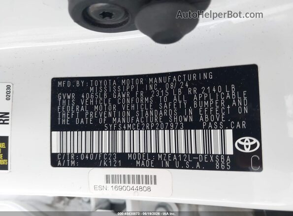 5YFS4MCE2RP207973 2024 TOYOTA COROLLA White Engine compartment view