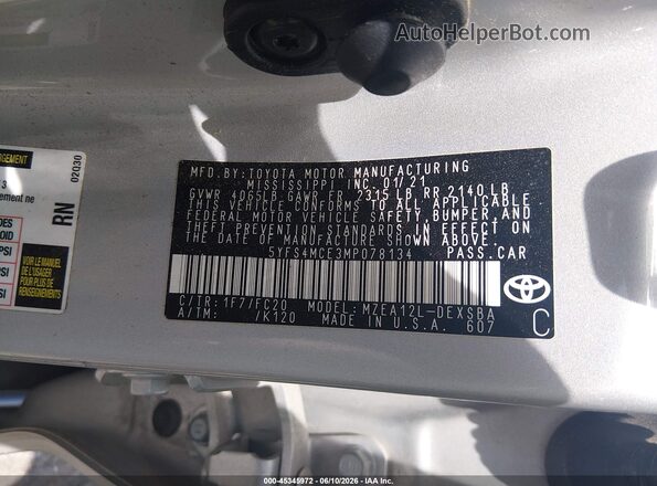5YFS4MCE3MP078134 2021 TOYOTA COROLLA Silver Engine compartment view