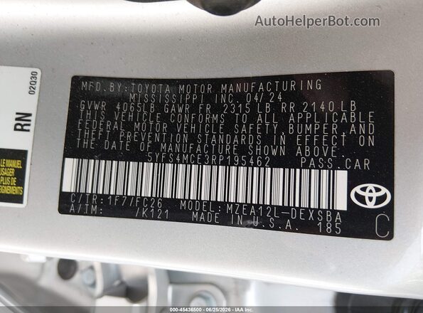 5YFS4MCE3RP195462 2024 TOYOTA COROLLA Silver Вид підкапотного простору