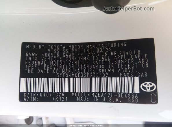 5YFS4MCE3SP233102 2025 TOYOTA COROLLA Белый Вид подкапотного пространства