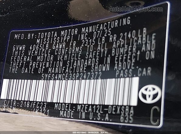 5YFS4MCE3SP247372 2025 TOYOTA COROLLA Black Շարժիչի բաժամունքի տեսք