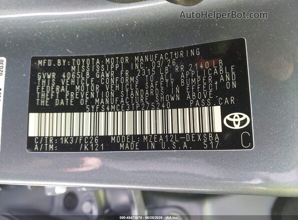 5YFS4MCE3TP275240 2026 TOYOTA COROLLA Light Blue Вид подкапотного пространства