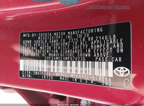 5YFS4MCE4MP070236 2021 TOYOTA COROLLA Red Вид підкапотного простору