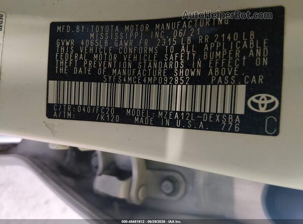 5YFS4MCE4MP092852 2021 TOYOTA COROLLA White Engine compartment view