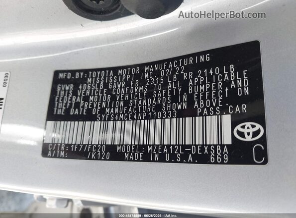 5YFS4MCE4NP110333 2022 TOYOTA COROLLA Silver ძრავის განყოფილების ხედი